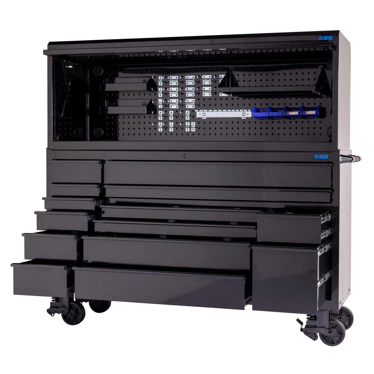 SGS Pro 72in 14 Drawer Roller Cabinet with Top Hutch | Black